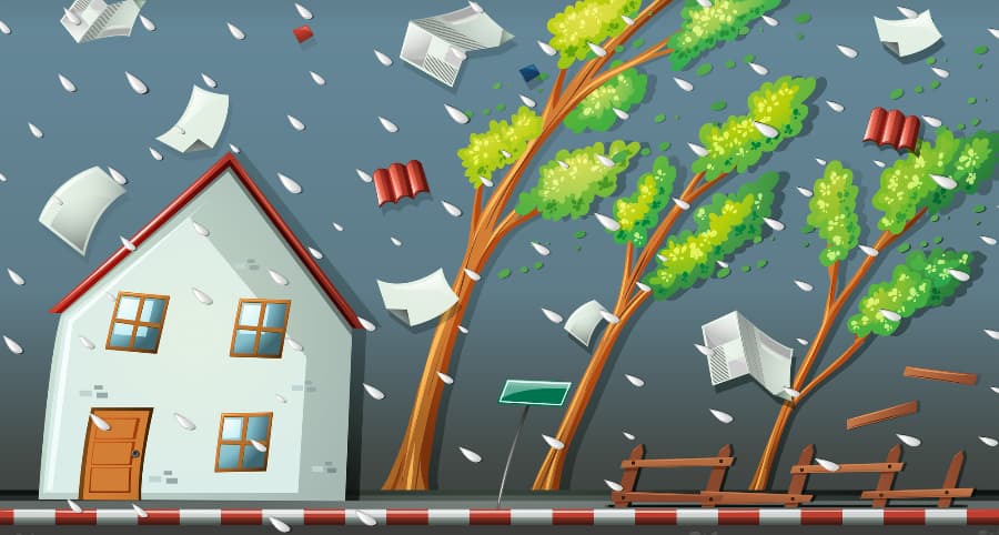 Representation of a storm impacting a house and the immediate surroundings
